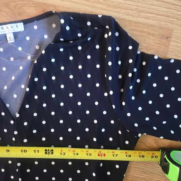 Chaus NY Women Classic Preppy Staple Navy White Polka Dot Faux Wrap Maxi Dress L - Picture 9 of 9